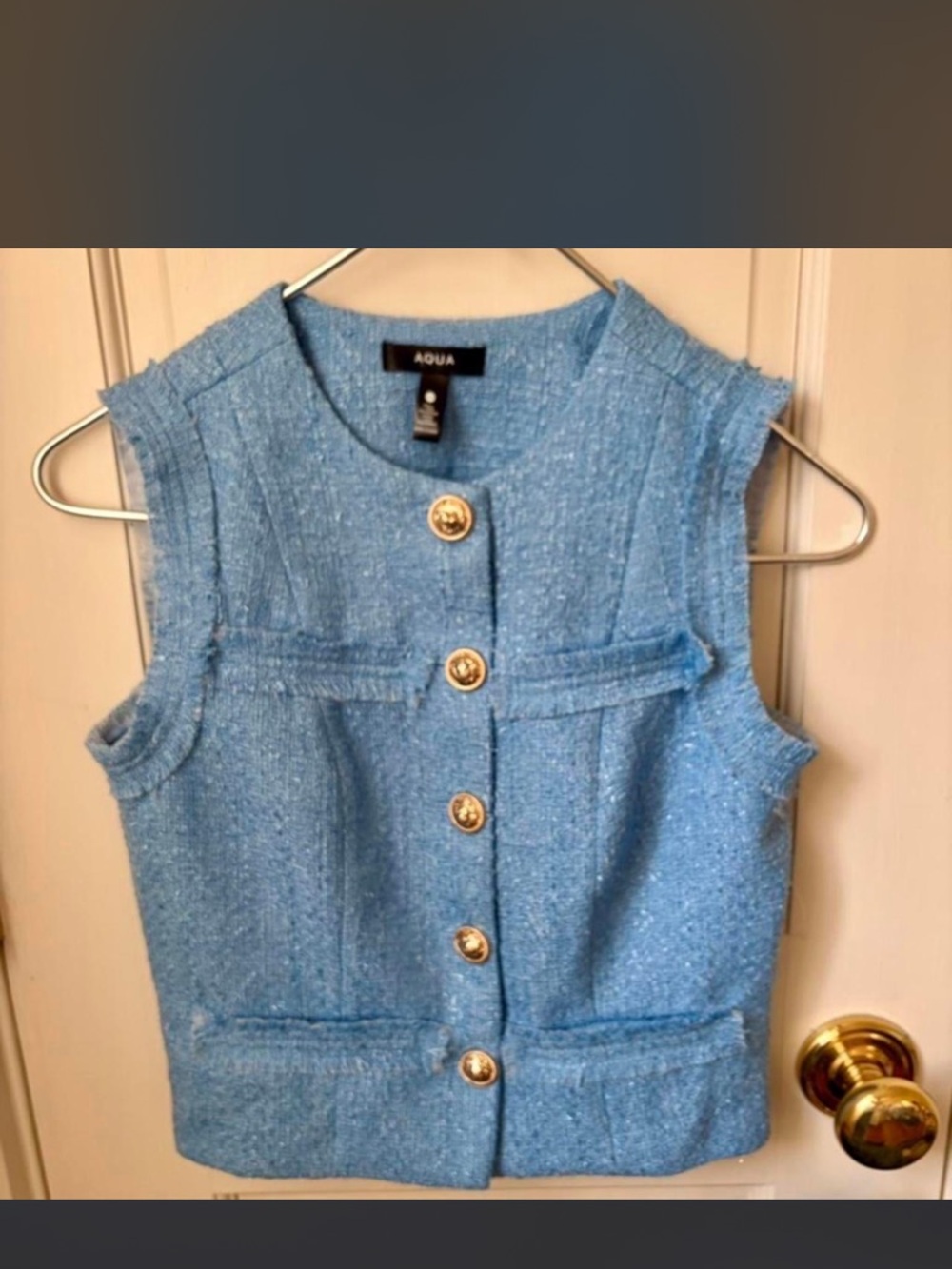 AQUA Blue Tweed Cropped Vest Gold Button Sleeveless Top size XS NWOT